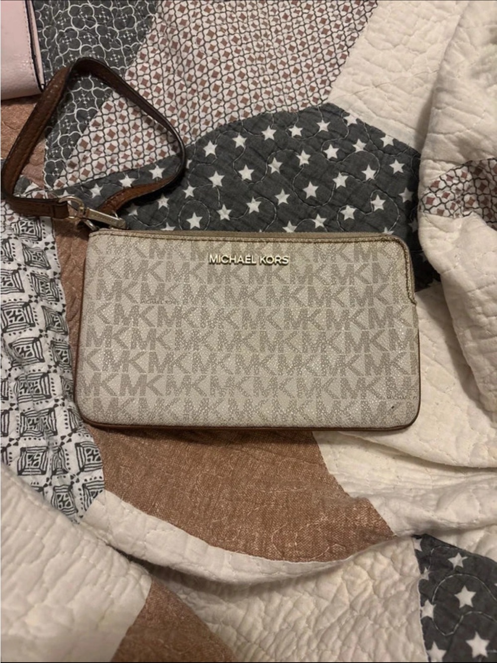 Michael Kors Cream Logo Wristlet with Brown Trim